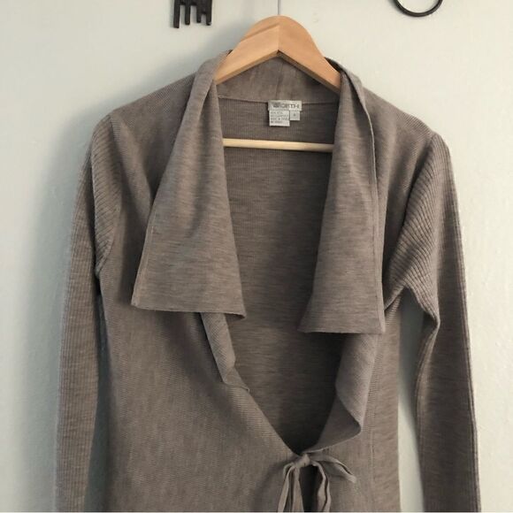 Worth 100% wool open front waterfall cardigan cross over tie waist size petite - Picture 4 of 7